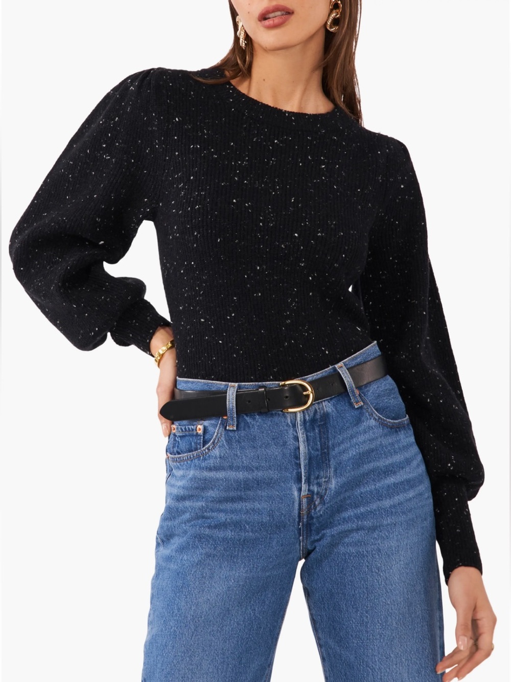1.STATE Balloon Sleeve Rib Sweater Rich Black Flecked Size L